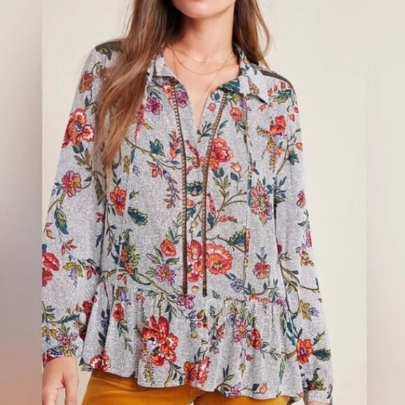 Maeve Anthropologie Janie Floral Print Flounce Hem Shirt Top Long Sleeve Size 0 - Picture 1 of 14